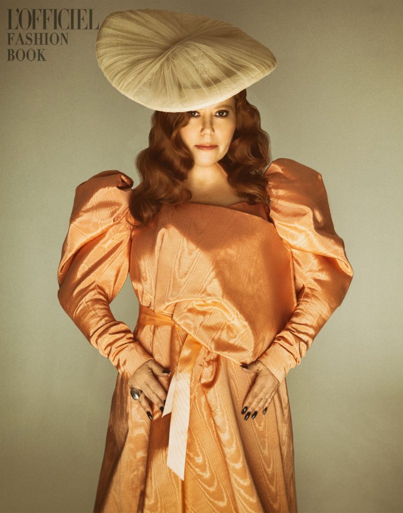 Vintage peach drape structured wrap dress in silk moire by VICTOR dE SOUZA @victordesouzany Tulle covered saucer by Lynn Paik @lynnpaik